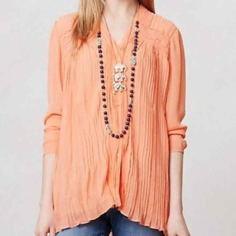 Anthropologie Santari Pleated Button Down embroidered peach Blouse‎ size medium